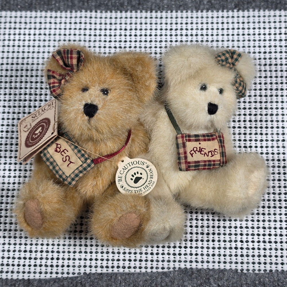 Boyds Collection Best Friends Teddy Bear Plush Set Tan Cream Plaid Bows NWT 6in